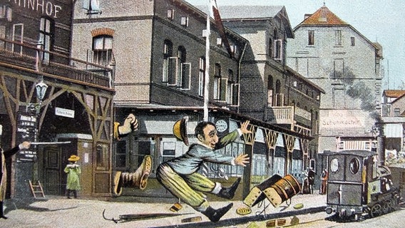 Borkumer Postkarten-Motiv aus den 20er-Jahren: Ein Jude wird mit Fußtritt auf die Straße befördert. © Stadtarchiv Borkum 