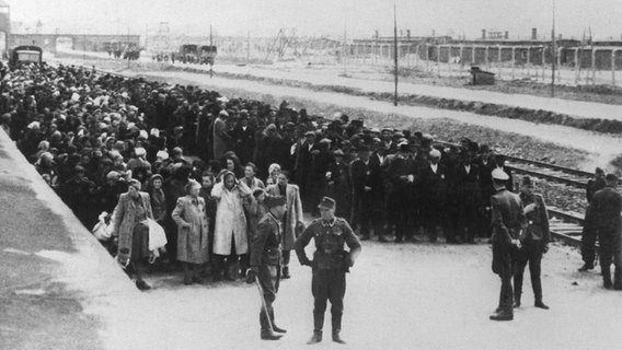 Neu angekommene Häftlinge auf der Todesrampe im KZ Auschwitz, links Frauen und Kinder, rechts die Männer. Vor ihnen stehen SS-Leute. © picture-alliance / dpa 