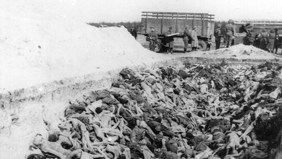 Die Leichname Hunderter ermordeter oder an Hunger und Seuchen gestorbener Gefangener liegen in einem Massengrab des Konzentrationslagers Bergen-Belsen. © picture-alliance/ dpa | dpa 