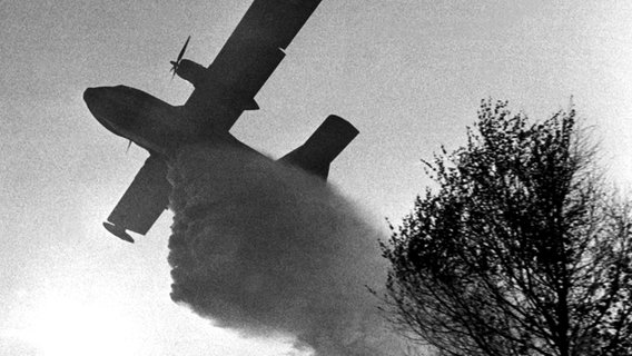 Ein französisches Löschflugzeug am 13. August 1975 im Einsatz über dem Brandgebiet bei Eschede. © dpa - Bildfunk Foto: dpa