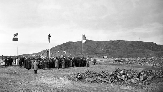 Auf Helgoland werden bei der Übergabe der Insel an die Deutschen am 1. März 1952 die Flaggen von Helgoland (r), der Bundesrepublik Deutschland (Mitte) und Schleswig-Holsteins (l.) gehisst. © picture alliance Foto: Jochen Blume