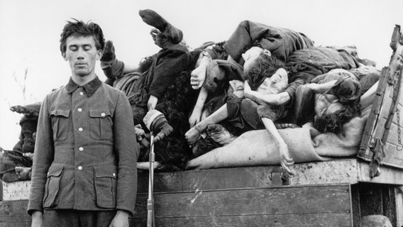 Angehöriger der ehemaligen Wachmannschaft des KZ Bergen-Belsen vor einem Lastwagen mit Leichen nach der Befreiung des Lagers am 15. April 1945. © picture-alliance / akg-images Foto: akg-images