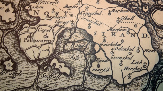 Eine Rekonstruktion der Karte von Rungholt aus dem Jahr 1652 von dem Karthographen Johannes Mejer © dpa Foto: Horst Pfeiffer