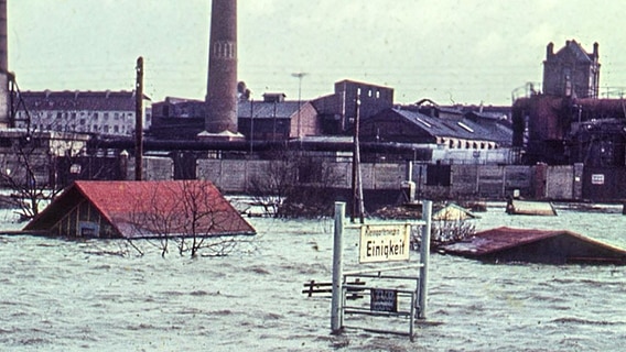 Überflutete Kleingartenkolonie an der Neuhöferstraße in Wilhelmsburg nach der Sturmflut 1962. © NDR Foto: Karl-Heinz Pump