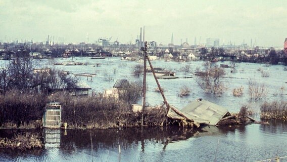Sturmflut 1962: überflutete Kleingartensiedlung in der Neuhöferstraße in Hamburg-Wilhelmsburg. © NDR Foto: Karl-Heinz Pump