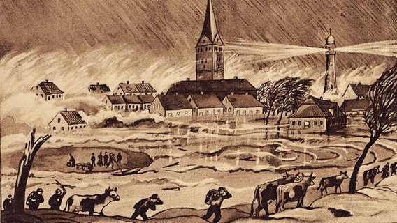 Historisches Dokument mit Szene von der Sturmflut auf Wangerooge an Neujahr 1855 © Sammlung Erik Kohl 