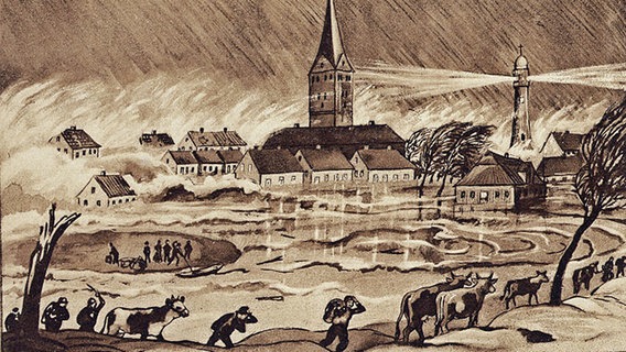 Historisches Dokument mit Szene von der Sturmflut auf Wangerooge an Neujahr 1855 © Sammlung Erik Kohl 