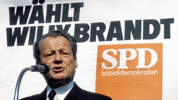 Willy Brandt bei einer Rede im Bundestagswahlkampf im Sommer 1972. © imago Foto: Sven Simon