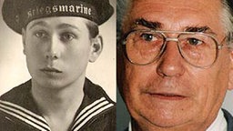 Zwei Porträts: Links der 17-Jährige mit Matrosenhemd und Kriegmarine-Mütze, rechts mit knapp 70 Jahren. © Ludwig Pätzel 