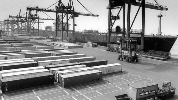 Der seinerzeit größte Container-Terminal Europa in Bremerhaven am 19.08.1983. © dpa Foto: Schilling