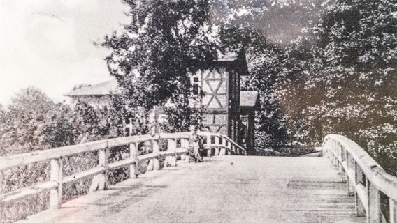 Eine Kopfsteinpflasterstraße führt über eine Brücke auf die Stintenburginsel (historische Schwarz-Weiß-Aufnahme).  
