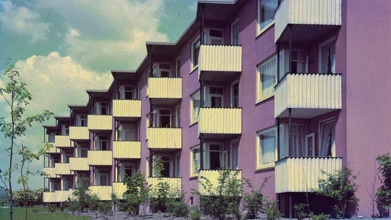 Wohnhäuser mit kleinen Balkonen der Gartenstadt Farmsen in Hamburg 1962. © Hamburger Architekturarchiv 