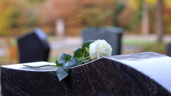 Eine weiße Rose liegt auf einem Grabstein. © picture alliance / CHROMORANGE Foto: Ruediger Rebmann