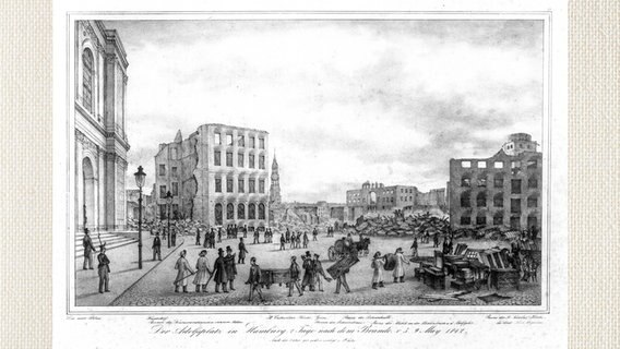 Der Adolphsplatz nach dem Großen Brand 1842 in Hamburg. Spritzenkommandeure (links) und Wittkittel (rechts unten) bei Nachlöscharbeiten.  