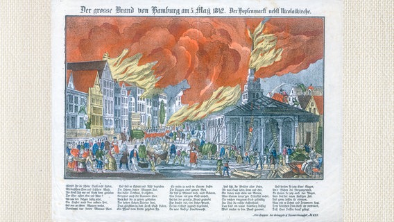Hopfenmarkt und brennende Nikolaikirche während des Großen Brandes 1842 in Hamburg  