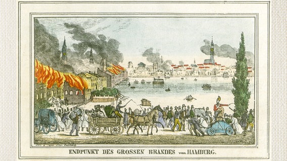 Blick auf die Alster während des großen Brandes 1842 in Hamburg  
