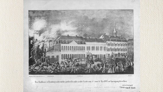 Rathaus während des Großen Brandes 1842 in Hamburg © Staatsarchiv Hamburg 