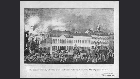 Das Rathaus während des Großen Brandes 1842 in Hamburg © Staatsarchiv Hamburg 