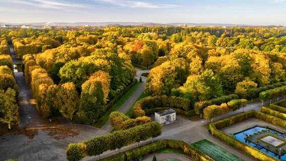 Eine Luftaufnahme vom Großen Garten in Hannover zeigt die Überreste der Freitreppe von Schloss Herrenhausen. © picture alliance / Geisler-Fotopress Foto: Ulrich Stamm/Geisler-Fotopress