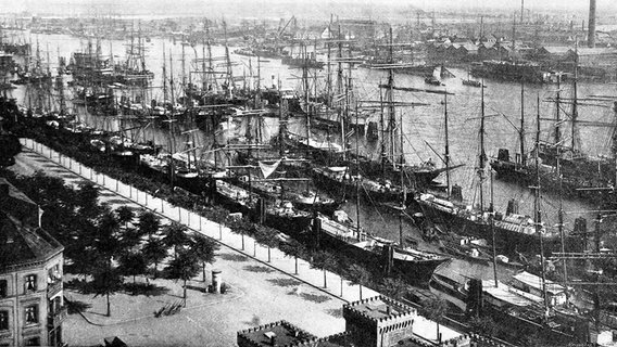 Blick auf den Hamburger Hafen im Jahre 1892 mit vielen schiffen an der Kaikante. Blick auf den Hamburger Hafen im Jahre 1892 mit vielen schiffen an der Kaikante. © picture-alliance / Illustrated London News Ltd