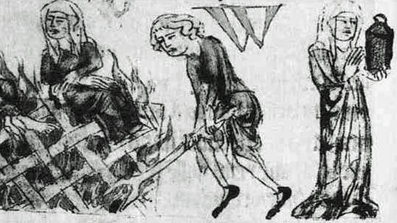 Zeichnung zur Hexenverfolgung im "Sachsenspiegel" um 1350 © AKG 