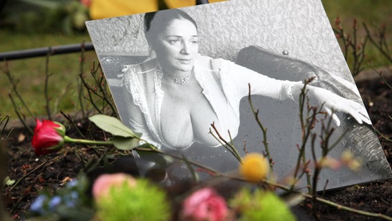 Ein Foto von Domenica Niehoff und Blumen liegen an ihrem Grab auf dem Ohlsdorfer Friedhof. © dpa Foto: Bodo Marks