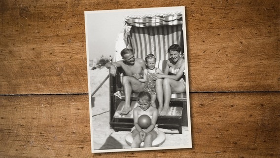 Familienurlaub in Cuxhaven: Ingeborg Illing aus Salzgitter mit Mann und Kindern im Strandkorb. Aufnahme aus den 50er-Jahren. © Privat 