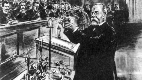 Robert Koch gibt auf einer Sitzung der Physiologischen Gesellschaft am 24. März 1882 in Berlin seine Entdeckung des Tuberkelbazillus bekannt. (Zeichnung von Theo Matejko, 1939) Robert Koch gibt auf einer Sitzung der Physiologischen Gesellschaft am 24. März 1882 in Berlin seine Entdeckung des Tuberkelbazillus bekannt. (Zeichnung von Theo Matejko, 1939) © picture-alliance / akg-images Foto: akg-images