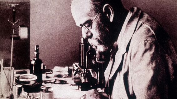 Robert Koch schaut in seinem Labor durch ein Mikroskop. (Undatierte Aufnahme) © picture-alliance / maxppp Foto: Costa