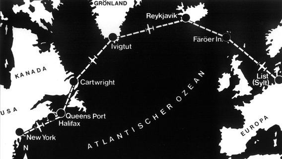 Karte mit der Route, die der Flugpionier Wolfgang von Gronau 1930 flog. © dpa-Report Foto: Fotoreport Dornier GmbH