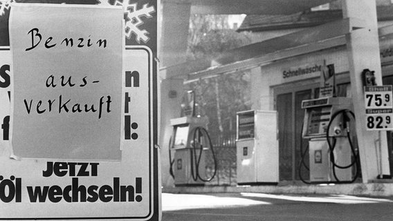 "Benzin ausverkauft" heißt es im November 1973 an einer deutschen Tankstelle. Viele Tankstellen in der Bundesrepublik mussten wegen Benzinmangels am letzten sogenannten Autofahrer-Sonntag schließen. Wegen der anhaltenden Ölkrise wurde am 25. November 1973 zum ersten Mal ein sonntägliches Fahrverbot verhängt. Weitere autofreie Sonntage folgten im Dezember 1973. © picture-alliance/ dpa Foto: Lutz Rauschnick