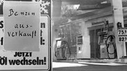 "Benzin ausverkauft" heißt es im November 1973 an einer deutschen Tankstelle. Viele Tankstellen in der Bundesrepublik mussten wegen Benzinmangels am letzten sogenannten Autofahrer-Sonntag schließen. Wegen der anhaltenden Ölkrise wurde am 25. November 1973 zum ersten Mal ein sonntägliches Fahrverbot verhängt. Weitere autofreie Sonntage folgten im Dezember 1973. © picture-alliance/ dpa Foto: Lutz Rauschnick