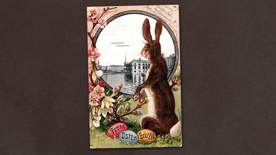 Auf einer alten Postkarte ist ein Osterhase abgebildet.  
