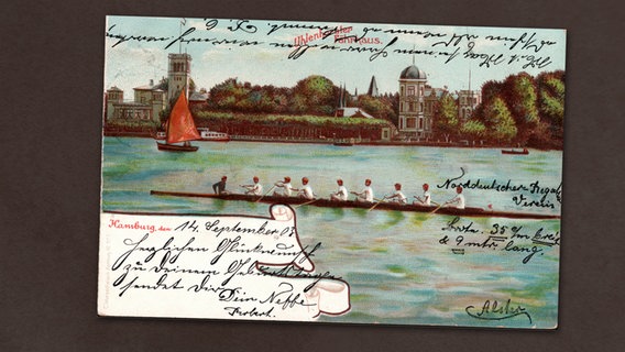 Auf einer alten Postkarte ist die Hamburger Alster abgebildet.  