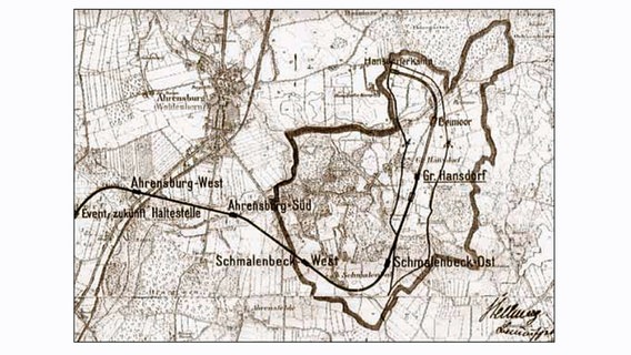 Eine alte topografische Karte zum Gebiet von Großhansdorf von 1880, ergänzt mit einer Handskizze vom 29.05.1914 zum Verlauf einer Bahnstrecke (Quelle: Archiv Gemeinde Großhansdorf) © Archiv Gemeinde Großhansdorf 