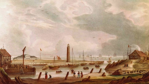 Elbmündung bei Cuxhaven mit Leuchtturm und Badehaus um 1850 © Stadtarchiv Cuxhaven 