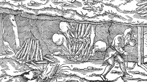 Darstellung des Feuersetzens im historischen Bergbauwerk De Re Metallica von Georgius Agruicol aus dem Jahr 1556 Darstellung des Feuersetzens im historischen Bergbauwerk De Re Metallica von Georgius Agruicol aus dem Jahr 1556 © Gemeinfrei Foto: aus: Georgius Agricola - De re metallica