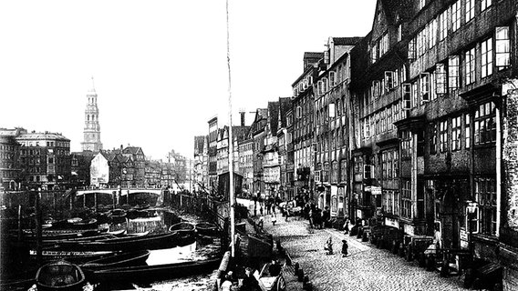 Blick in das Kehrwiederviertel mit Brooksbrücke vor dem Bau der Speicherstadt um 1883 © Archiv Speicherstadtmuseum 