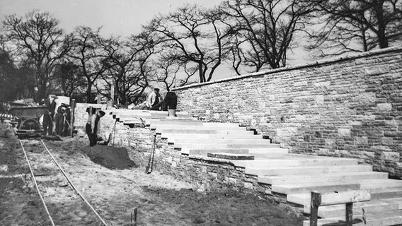 Arbeiter bauen 1935 eine Treppe für den neuen Park Planten un Blomen in Hamburg. © Peter Plomin 