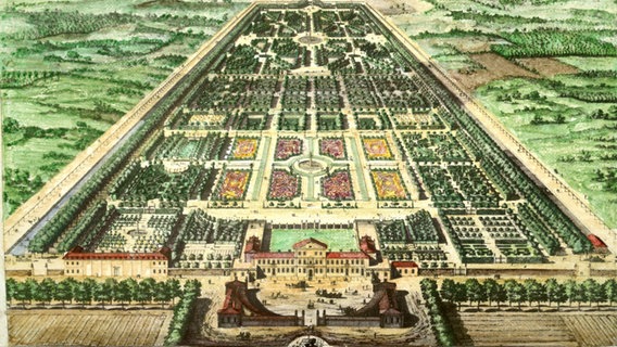 Ein kolorierter Kupferstich aus dem Jahr 1714 zeigt das Schloss Herrenhausen aus Vogelperspektive mit dem dahinter liegenden Großen Garten in Hannover. Ein kolorierter Kupferstich aus dem Jahr 1714 zeigt das Schloss Herrenhausen aus Vogelperspektive mit dem dahinter liegenden Großen Garten in Hannover. © picture alliance | akg-images