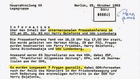 Auszug aus den Stasi-Akten über das Udo-Lindenberg-Konzert in Ost-Berlin © BStU 
