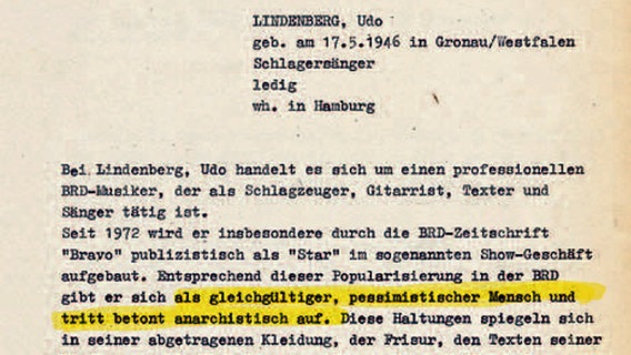 Auszug aus den Stasi-Akten über Udo Lindenberg © BStU 