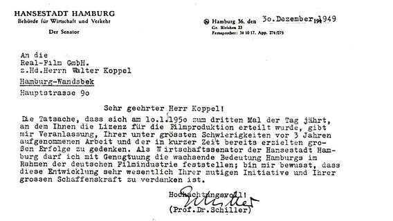 Ein Brief des Hamburger Wirtschaftssenators Dr. Schiller an Walter Koppel von Dezember 1949 © Studio Hamburg/NDR 