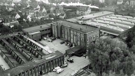 Die Luftaufnahme (ungefähr von 1949) zeigt die großen Werkhallen des Tempo-Werks. © Daimler 