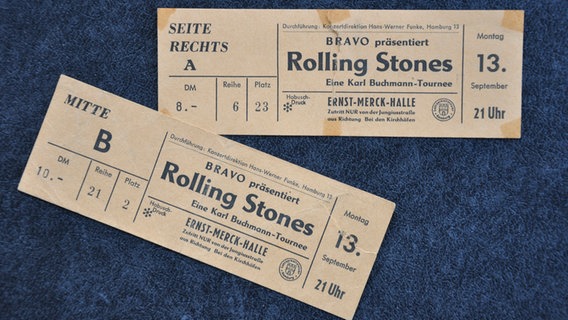 Eintrittskarten für das Rolling Stones-Konzert am 13. September 1965 in Hamburg aus dem Archiv des Stones-Fan-Museums Lüchow. © Björn Vogt Foto: Björn Vogt