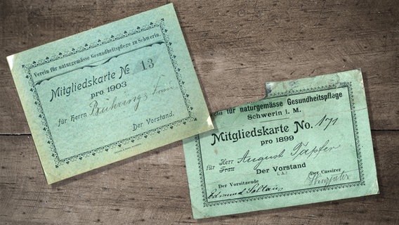 Historische Mitgliedskarten vom Verein für naturgemäße Gesundheitspflege in Schwerin. Historische Mitgliedskarten vom Verein für naturgemäße Gesundheitspflege in Schwerin. © Stadtarchiv Schwerin