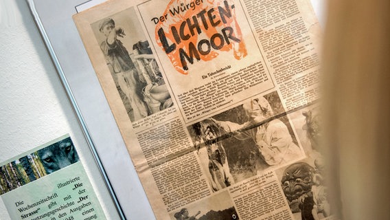 Historische Zeitungsartikel im Heimatmuseum zu einem Wolf, der auch als "Würger vom Lichtenmoor" bekannt war und im Jahr 1948 erlegt wurde. © picture alliance/dpa Foto: Hauke-Christian Dittrich