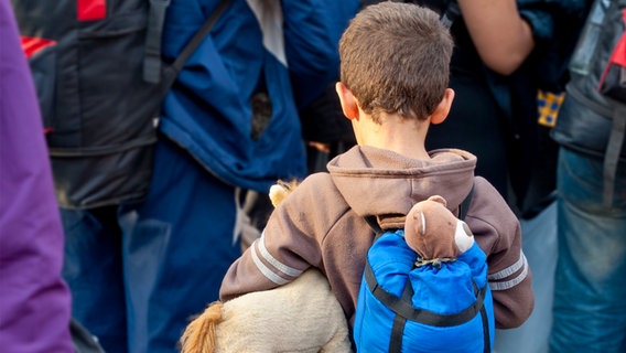 Rückenansicht eines Kindes mit Teddybär im Rucksack. © Fotoalia Foto: Lydia Geissler
