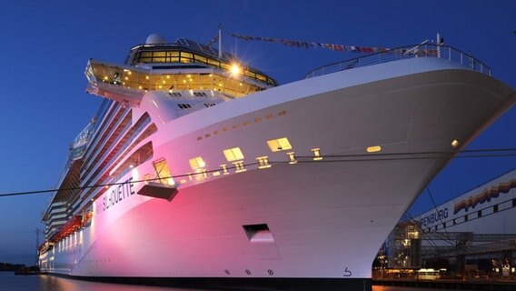 Das Kreuzfahrtschiff "Celebrity Silhouette" der Meyer-Werft in Papenburg wird farbig ausgeleuchtet. © dpa-Bildfunk Foto: Ingo Wagner