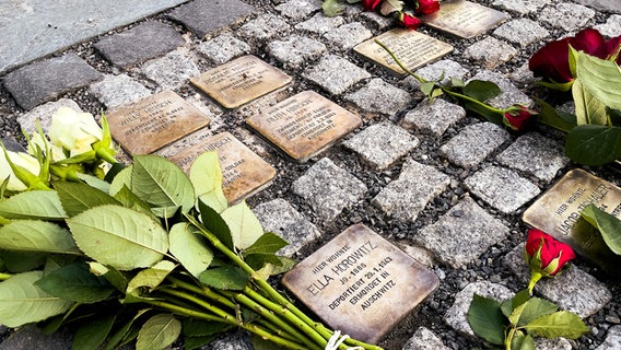Rosen liegen auf Stolpersteinen, die an Opfer des Holocaust erinnern. © picture alliance / Flashpic Foto: Jens Krick